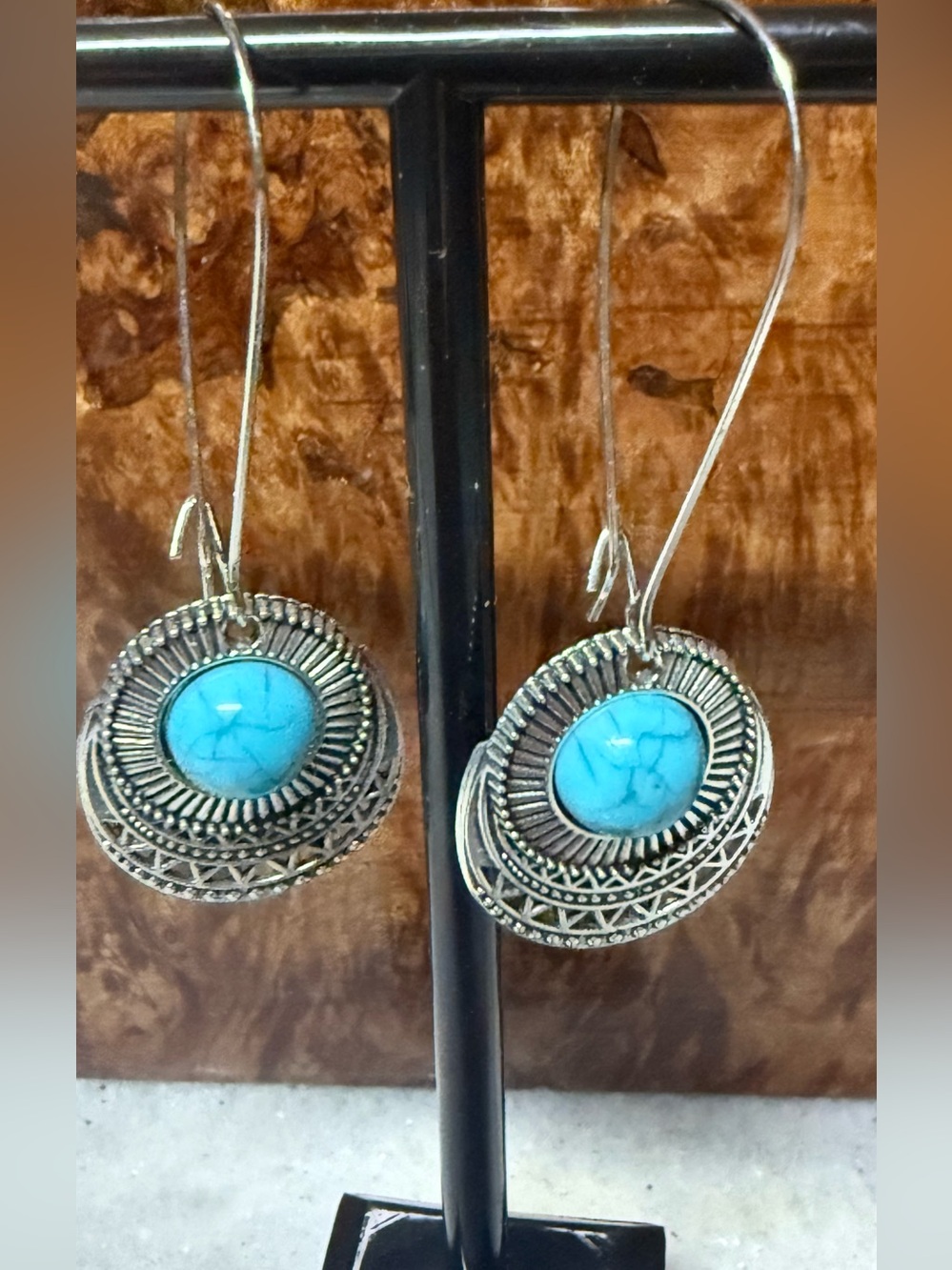 Turquoise Center Silver-Tone Drop Earrings - Women Jewelry